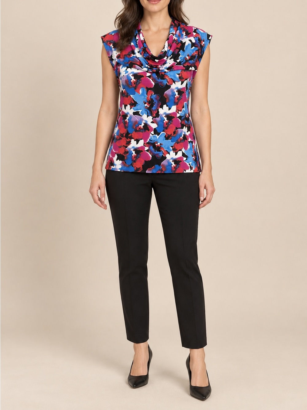KASPER ABSTRACT FLORAL COWL-NECK TOP SIZE SMALL